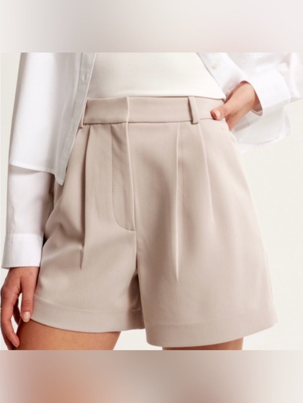 Abercrombie & Fitch High-Waist Pleated Tailored Shorts Light Beige Sloan shorts